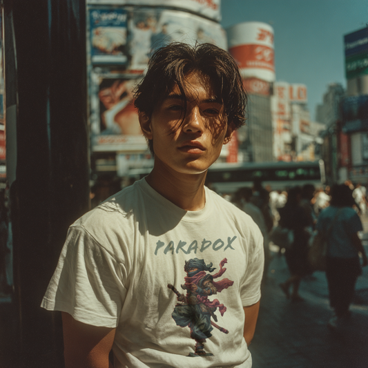 White t-shirt with a graphic of a ninja on a male model