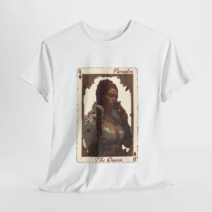 White t-shirt with a graphic of a playing card featuring a woman on a white background