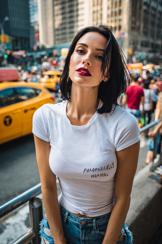 White t-shirt with a graphic of a text reading 'Paradoxically Normal' on a female model in New York
