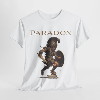 White t-shirt with a graphic of a warrior featuring a gladiator.