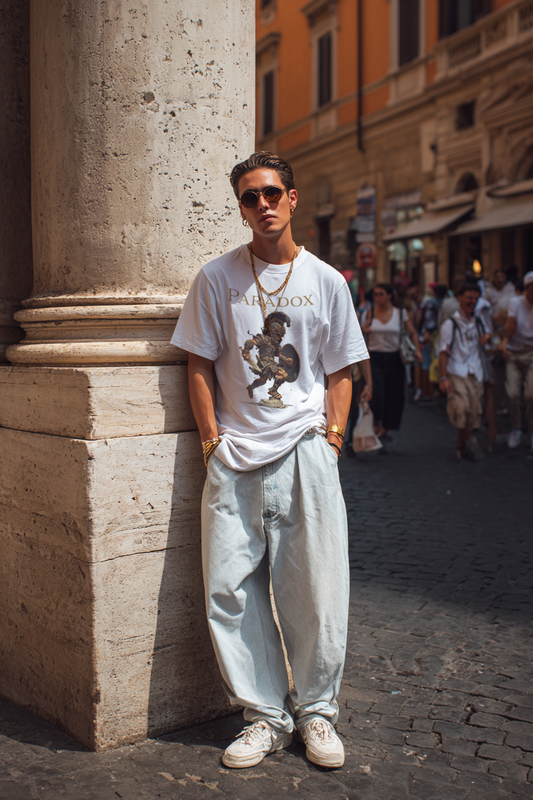 White t-shirt with a graphic of a warrior featuring a gladiator.