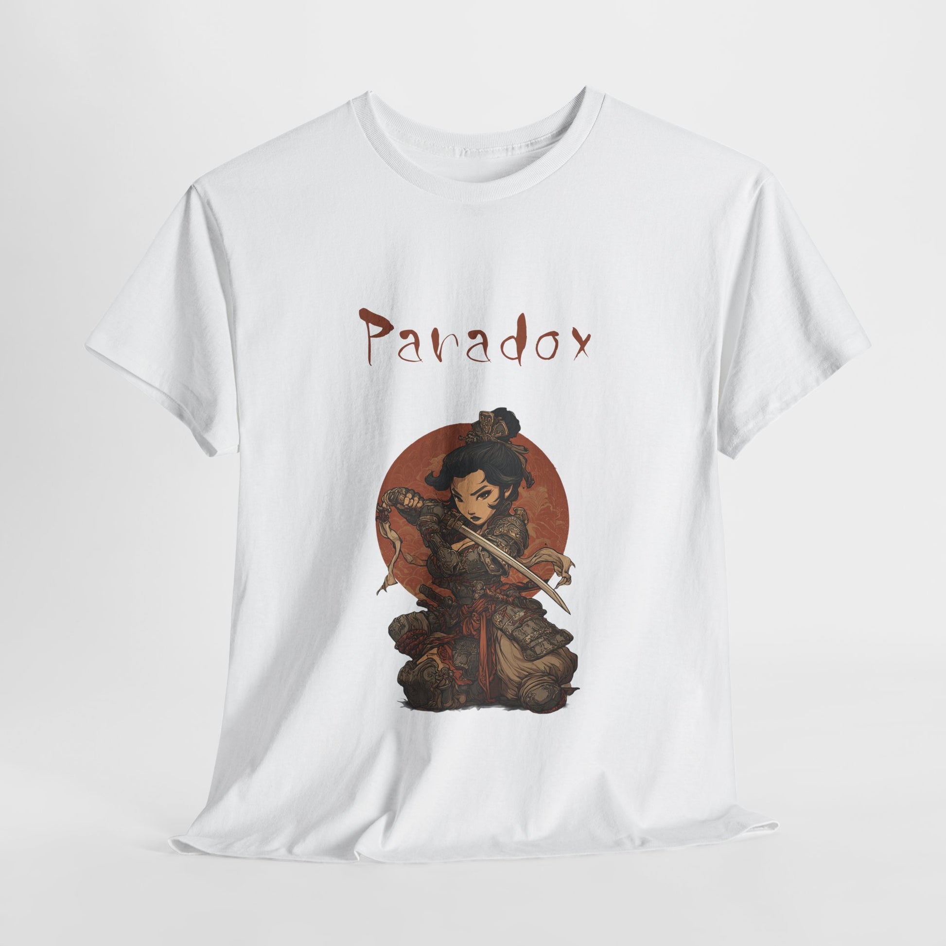 White t-shirt with a graphic of a warrior featuring a lady samurai