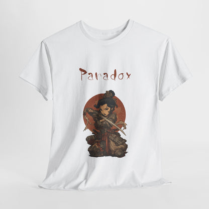 White t-shirt with a graphic of a warrior featuring a lady samurai