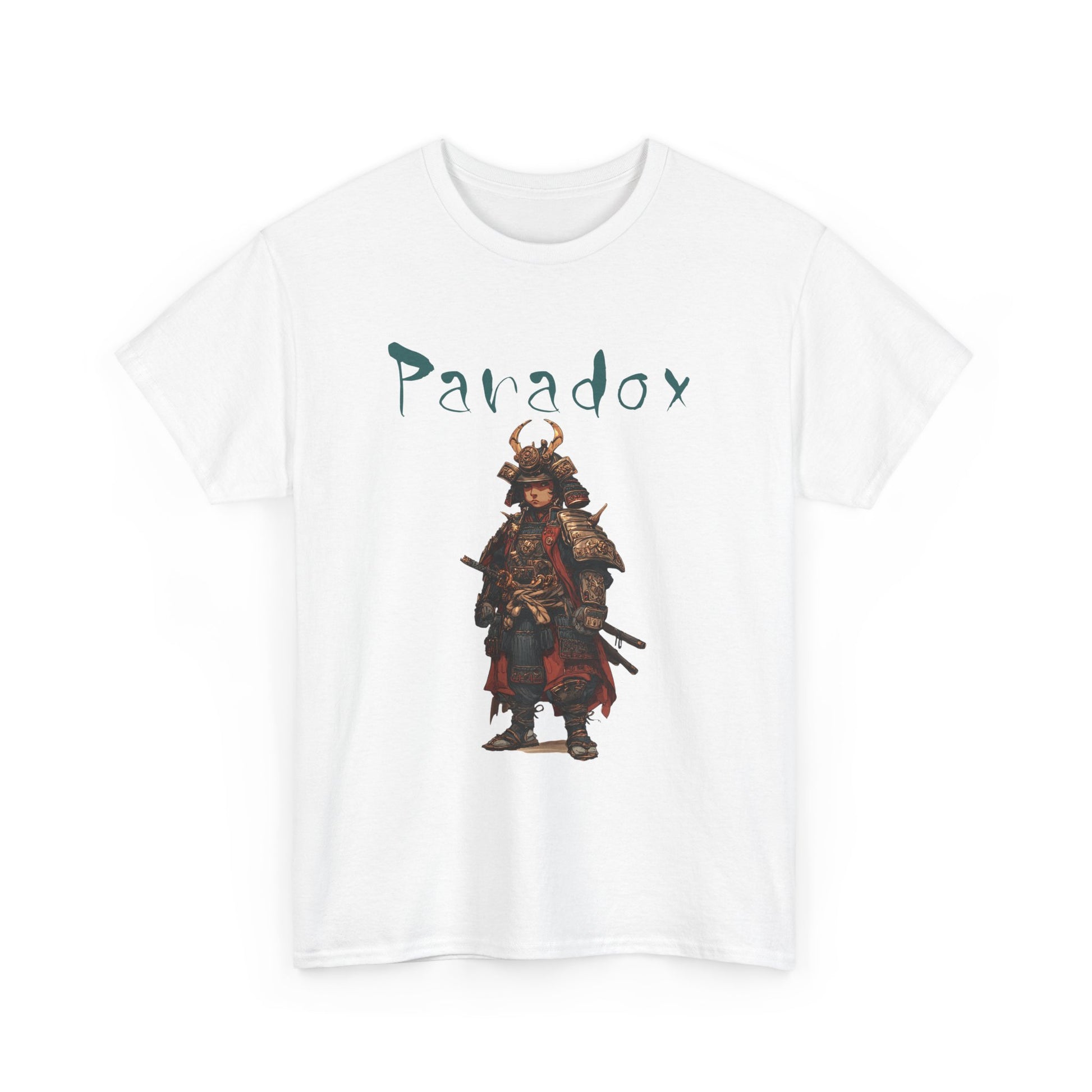 White t-shirt with a graphic of a warrior featuring a samurai