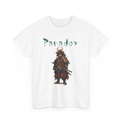 White t-shirt with a graphic of a warrior featuring a samurai