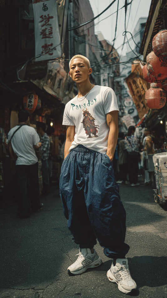 White t-shirt with a graphic of a warrior featuring a samurai on a male model