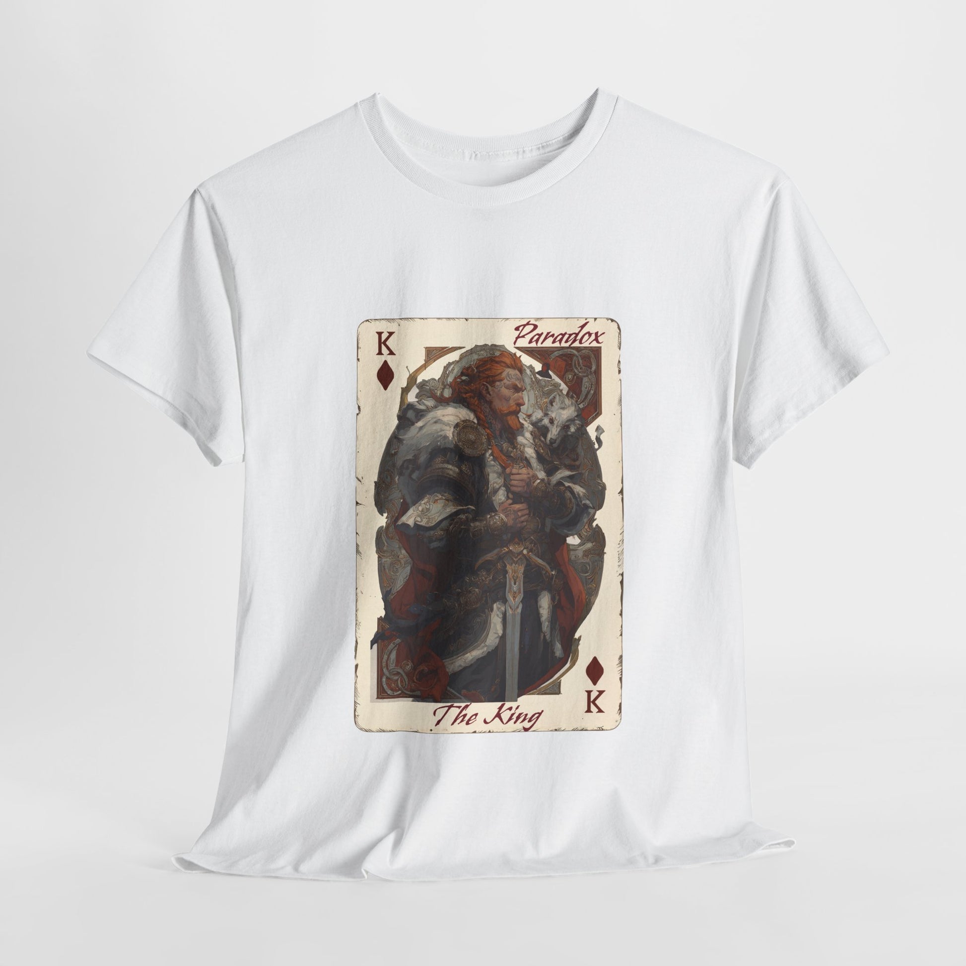White t-shirt with a graphic of the king of diamonds on a male model