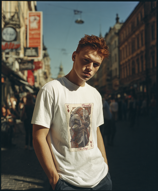 White t-shirt with a graphic of the king of diamonds on a male model