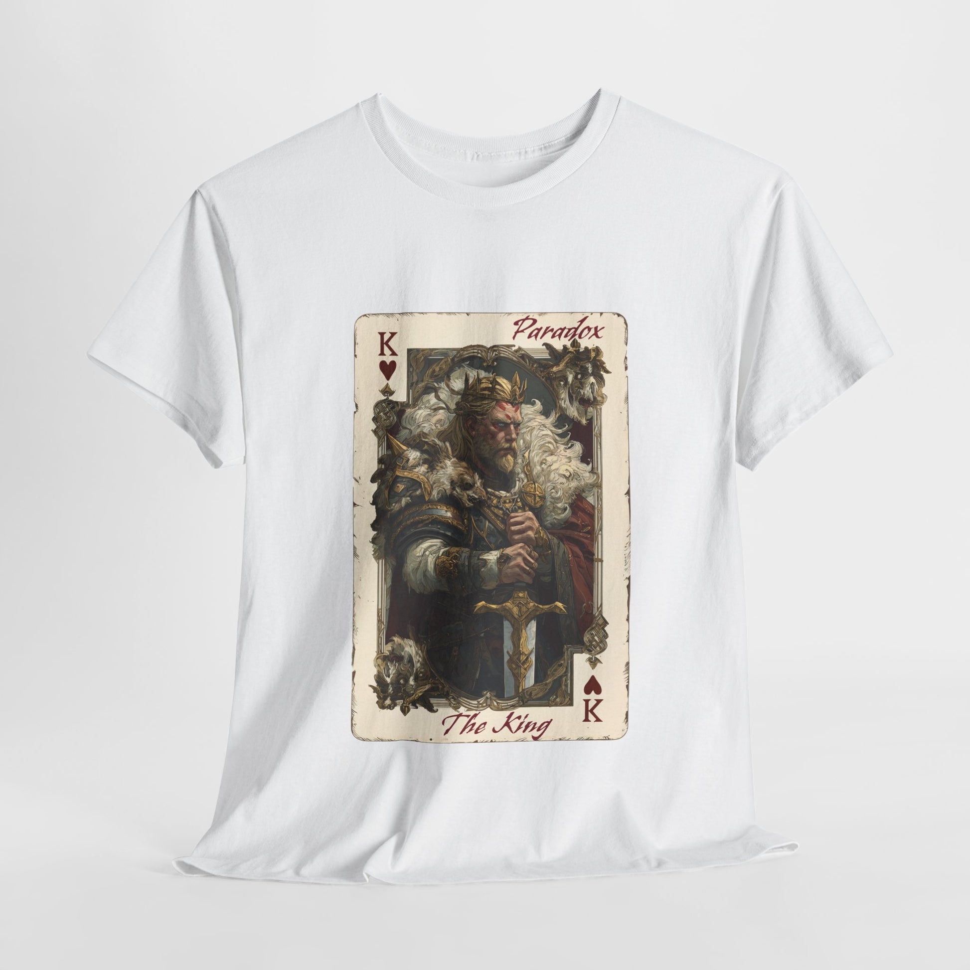 White t-shirt with a graphic of the king of hearts on a male model