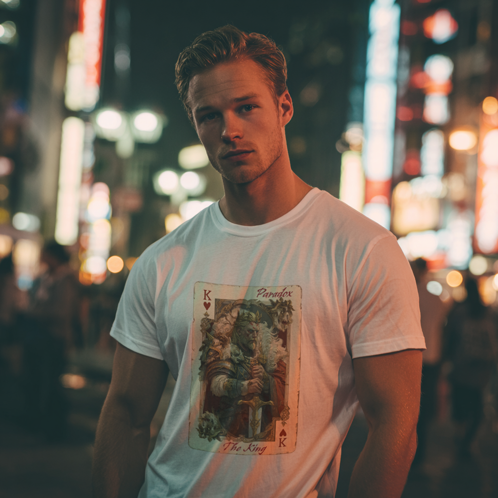 White t-shirt with a graphic of the king of hearts on a male model