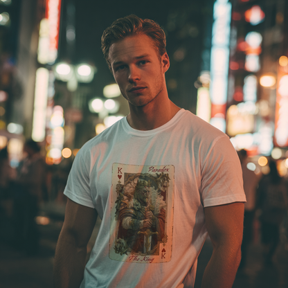 White t-shirt with a graphic of the king of hearts on a male model