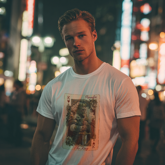 White t-shirt with a graphic of the king of hearts on a male model