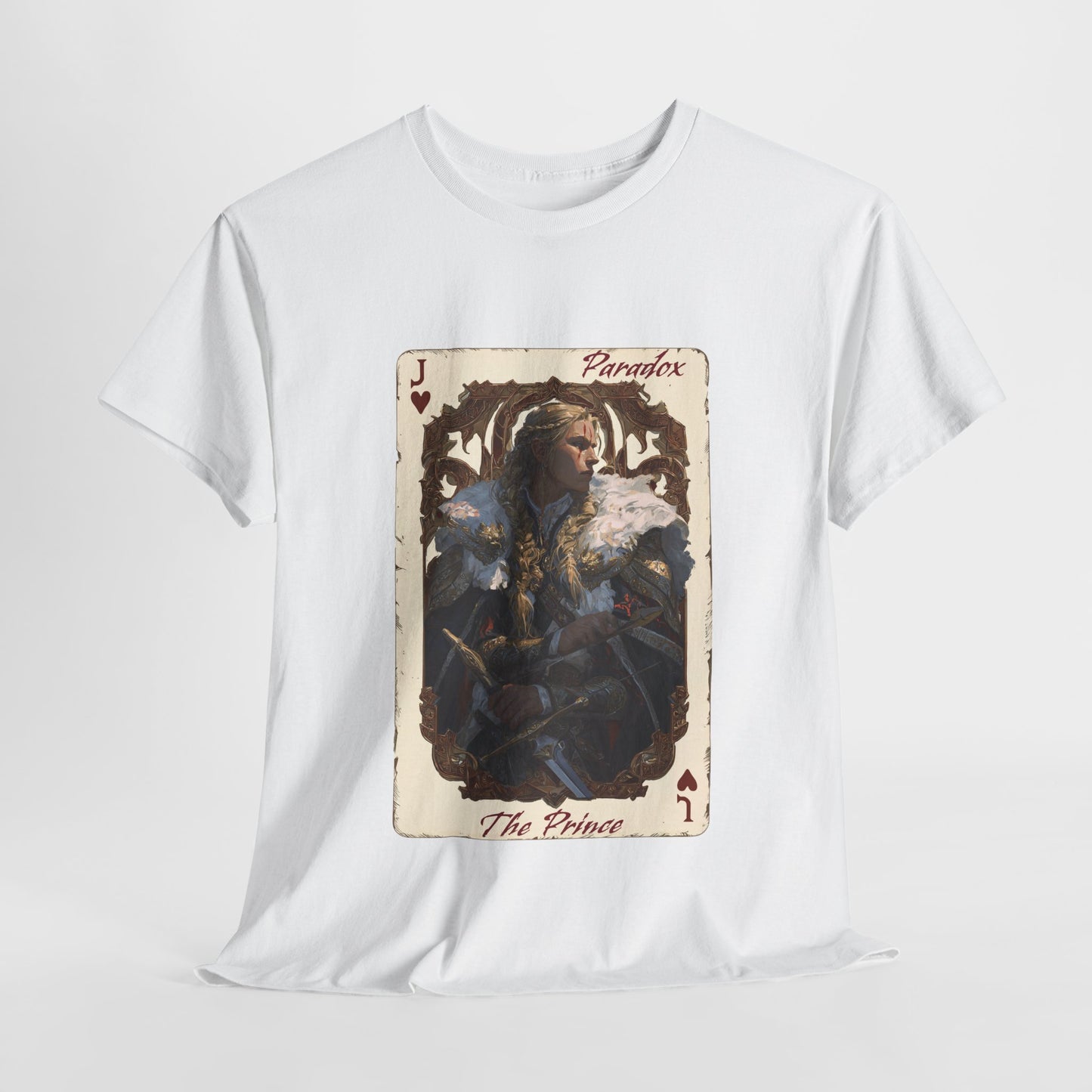 White t-shirt with a graphic of the prince of hearts