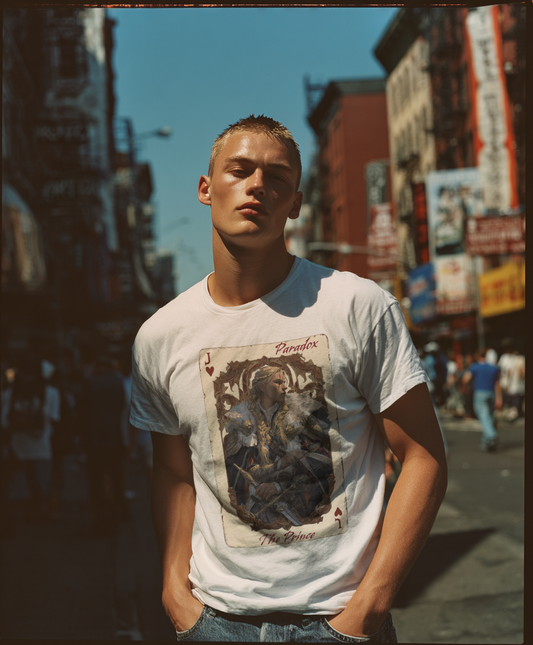 White t-shirt with a graphic of the prince of hearts on a male model