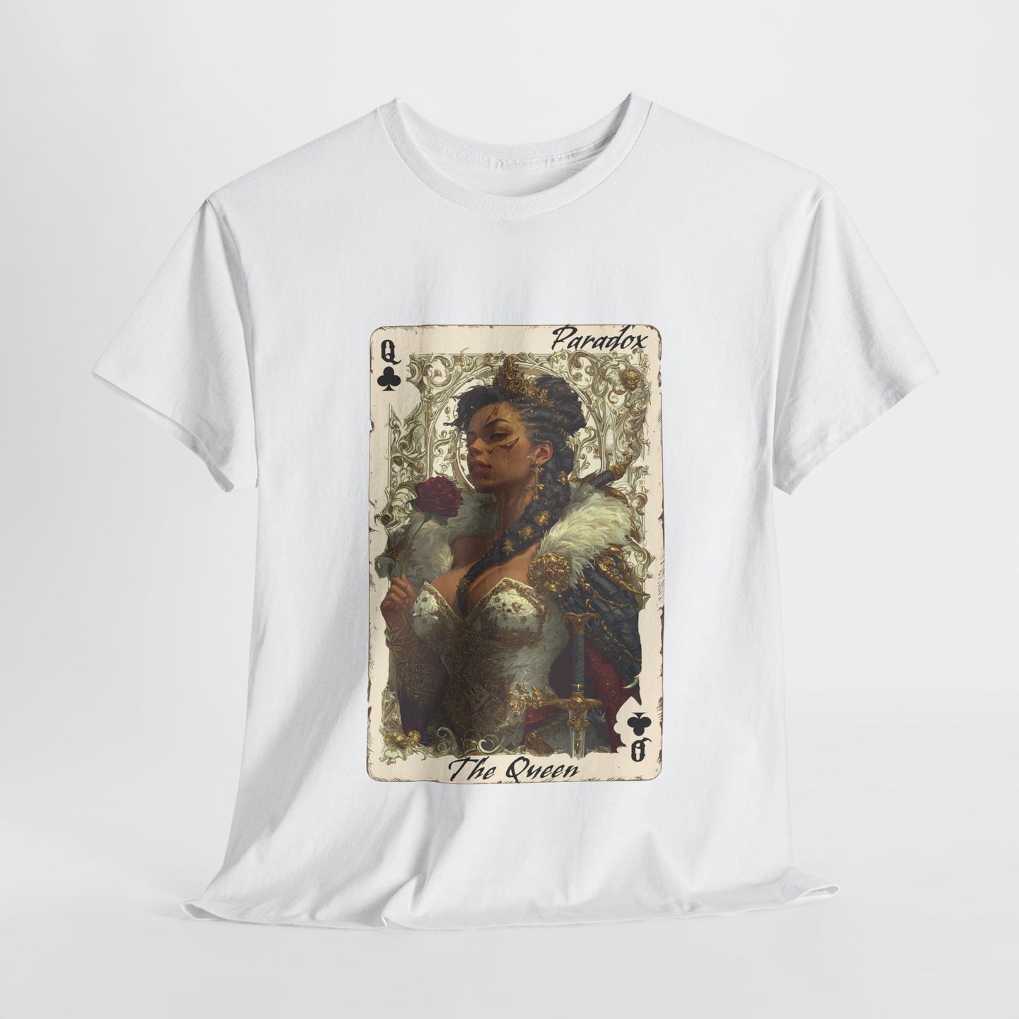 White t-shirt with a graphic of the queen of clubs
