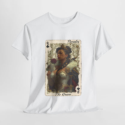 White t-shirt with a graphic of the queen of clubs