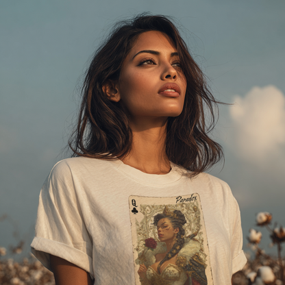 White t-shirt with a graphic of the queen of clubs on a female model