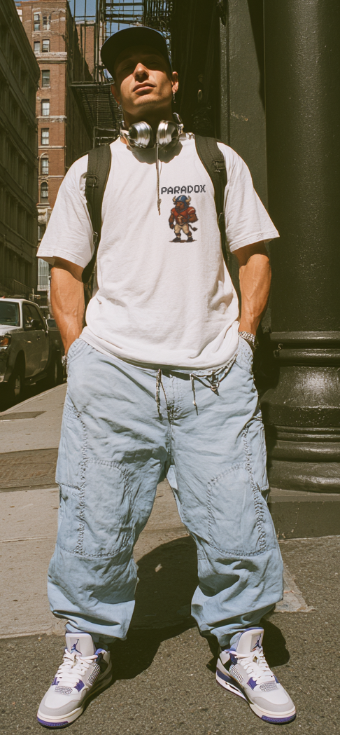 White t-shirt with a pixel graphic of a buffalo playing football NFL