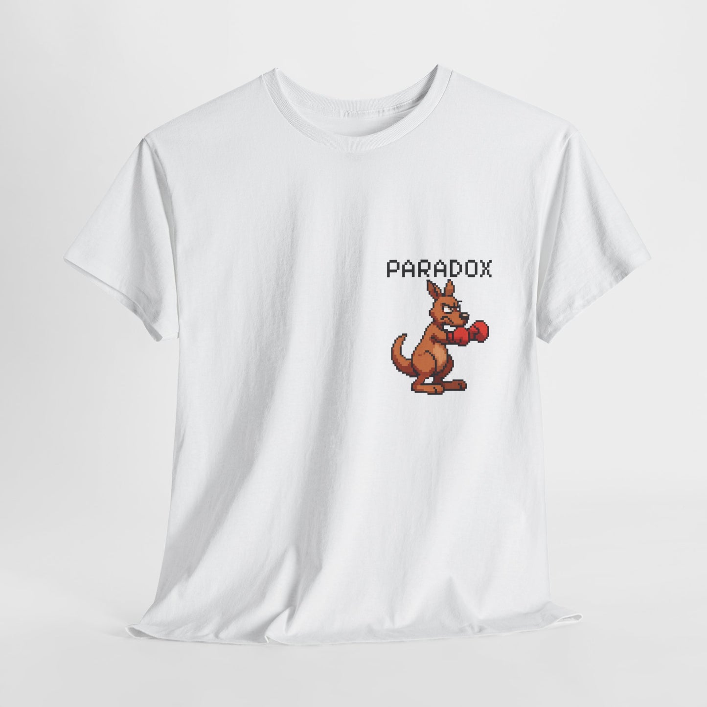 White t-shirt with a pixel graphic of a kangaroo boxing