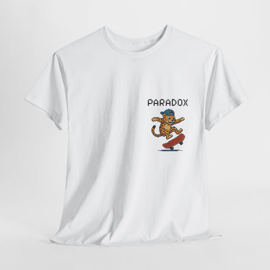 White t-shirt with a pixel graphic of a leopard skateboarding