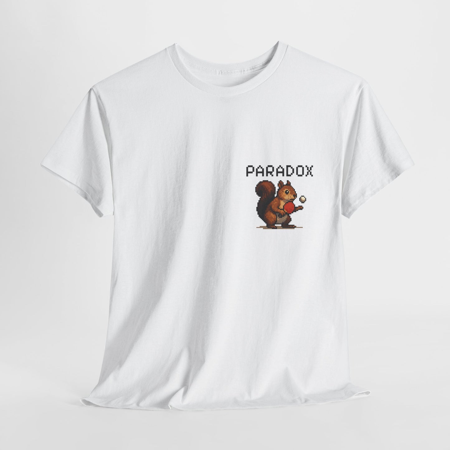 White t-shirt with a pixel graphic of a squirrel playing ping pong