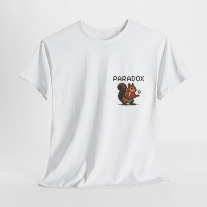 White t-shirt with a pixel graphic of a squirrel playing ping pong