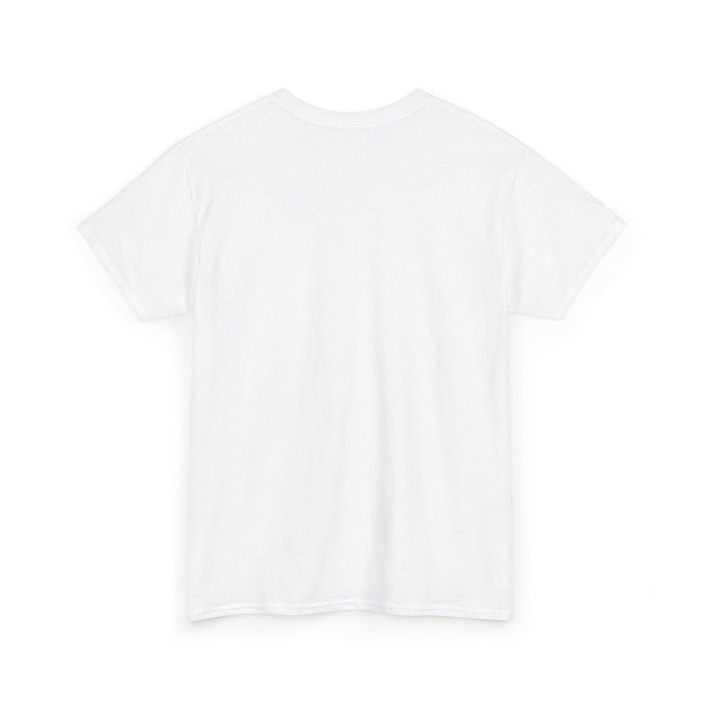 White t-shirt with a pixel graphic of a squirrel playing ping pong backside