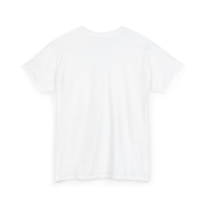 White t-shirt with a pixel graphic of a squirrel playing ping pong backside