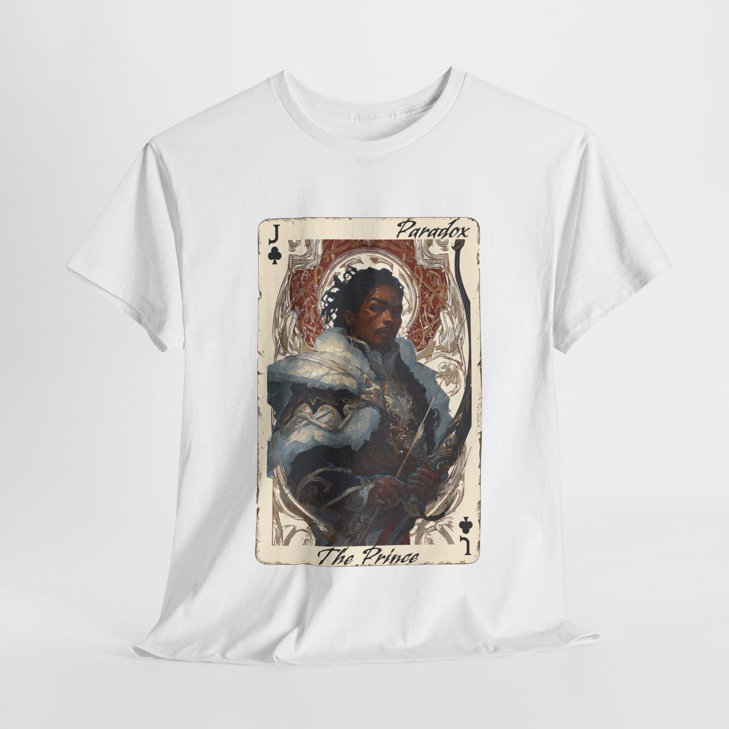 White t-shirt with graphic shirt of the prince of clubs