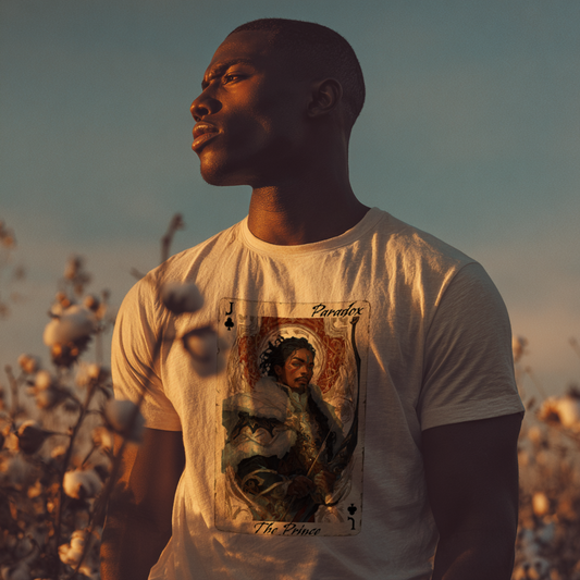 White t-shirt with graphic shirt of the prince of clubs on a male model