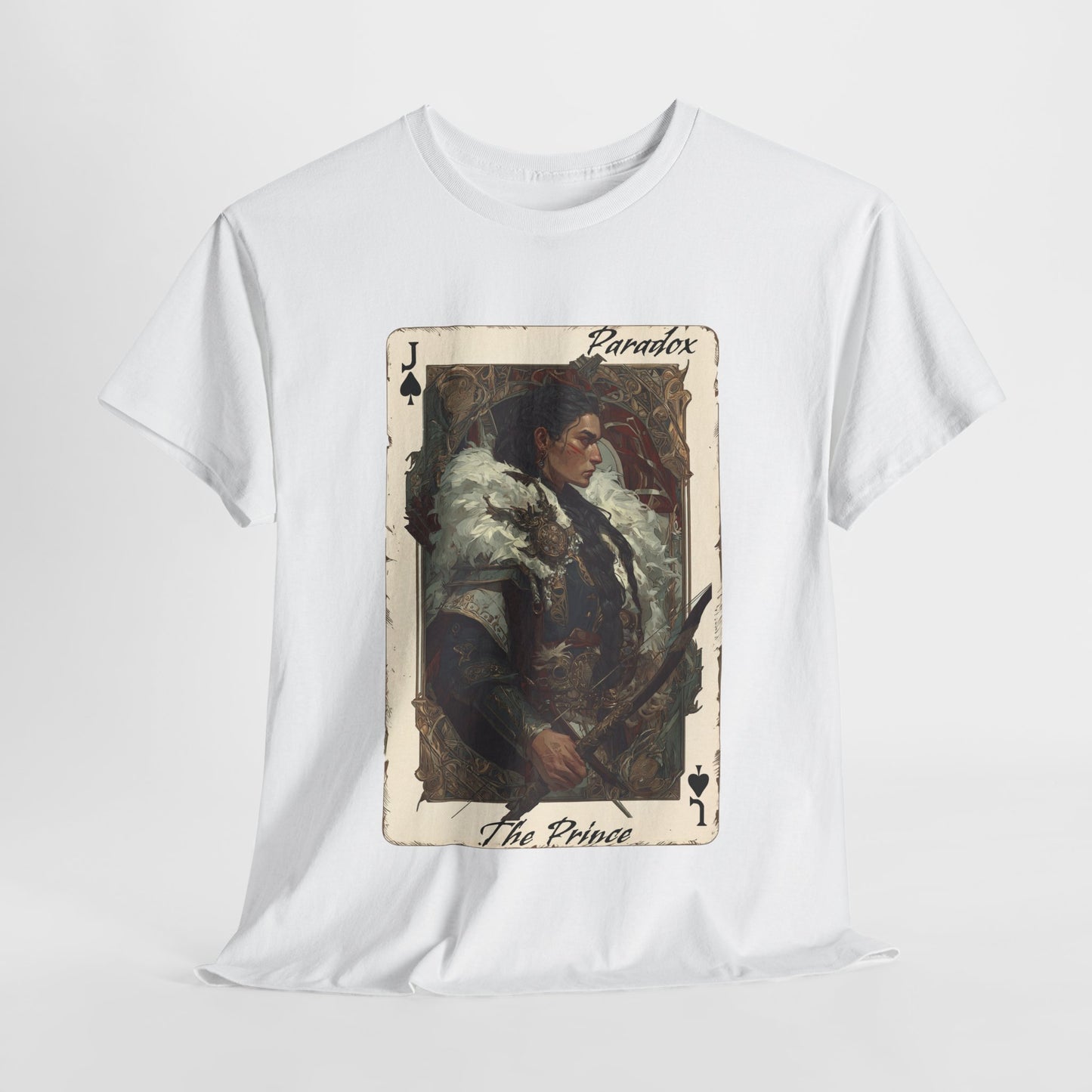 White t-shirt with graphic shirt of the prince of spades