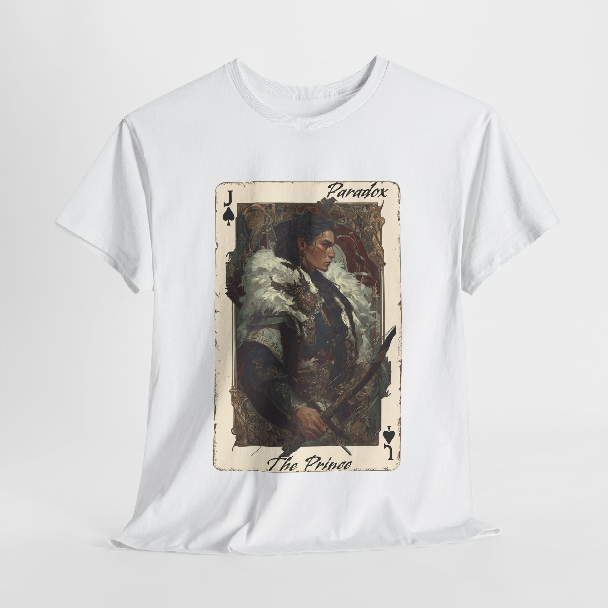 White t-shirt with graphic shirt of the prince of spades