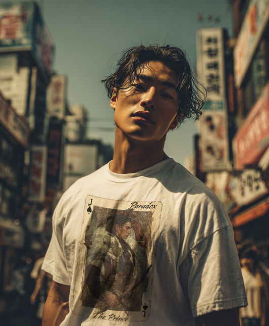White t-shirt with graphic shirt of the prince of spades on a male model