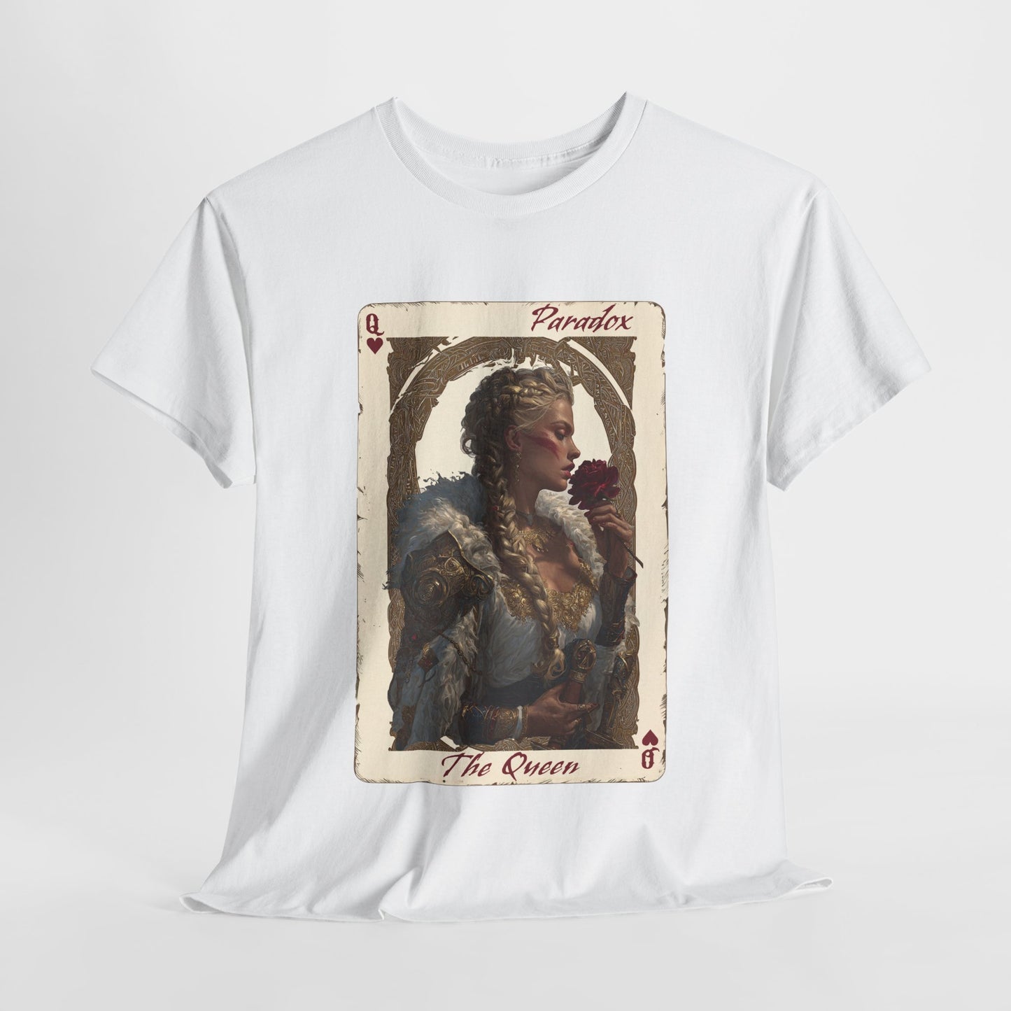 White t-shirt with graphic shirt of the queen of hearts