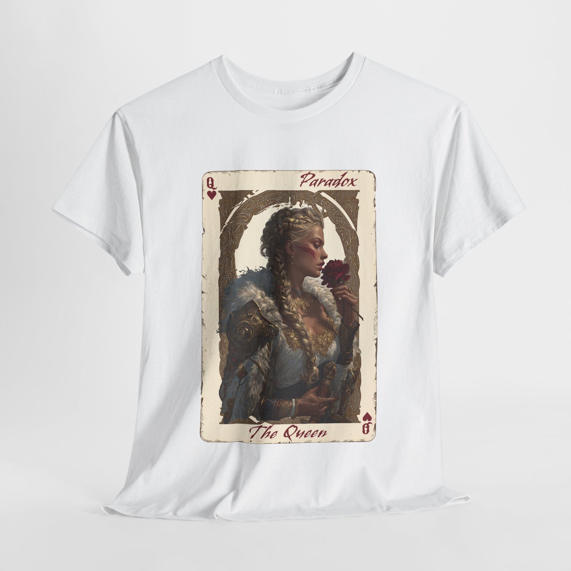 White t-shirt with graphic shirt of the queen of hearts
