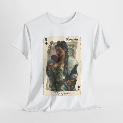 White t-shirt with graphic shirt of the queen of spades