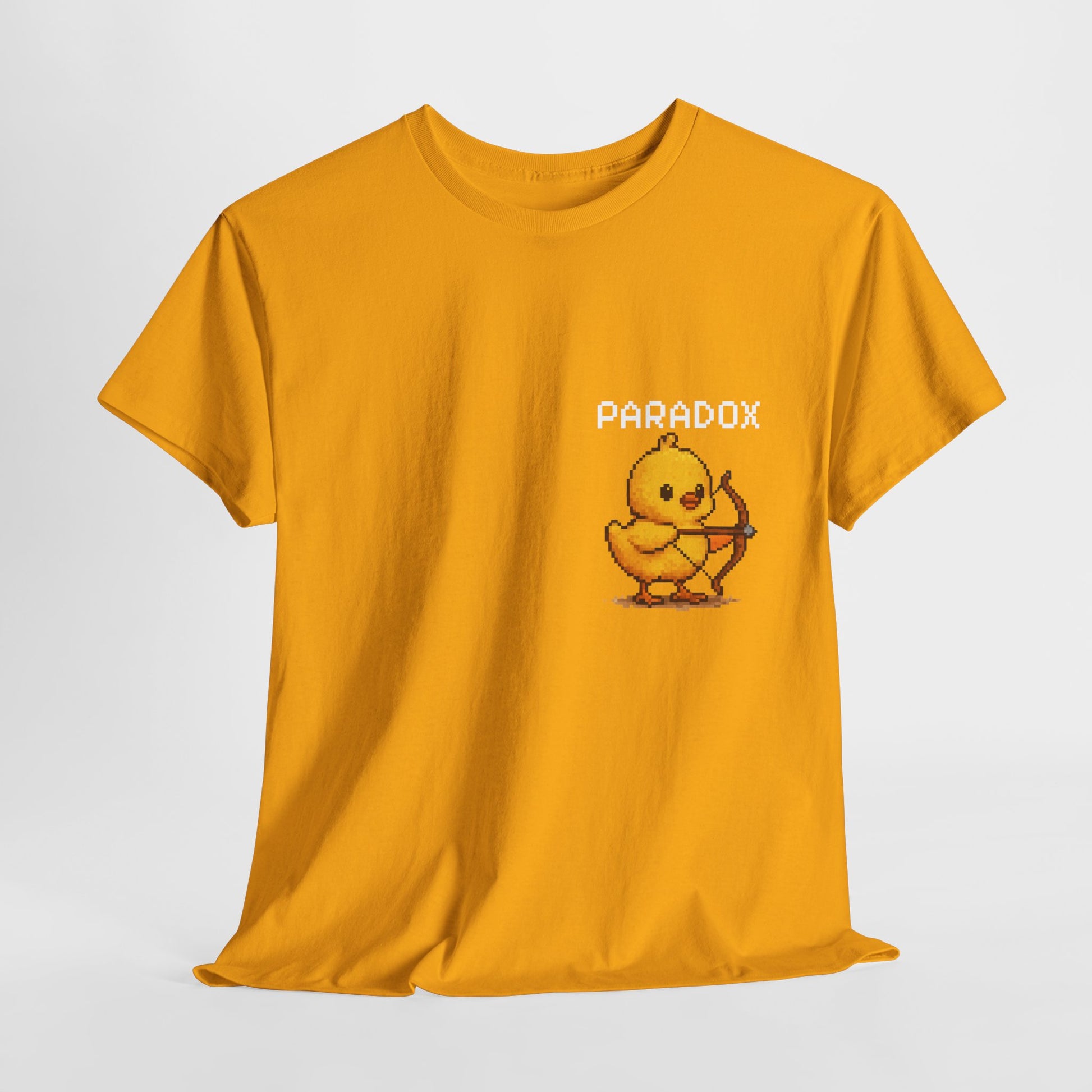 Yellow t-shirt with a graphic pixel art of a baby chick with a bow and arrow
