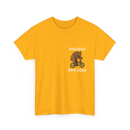Yellow t-shirt with a graphic pixel art of a bear on a bmx
