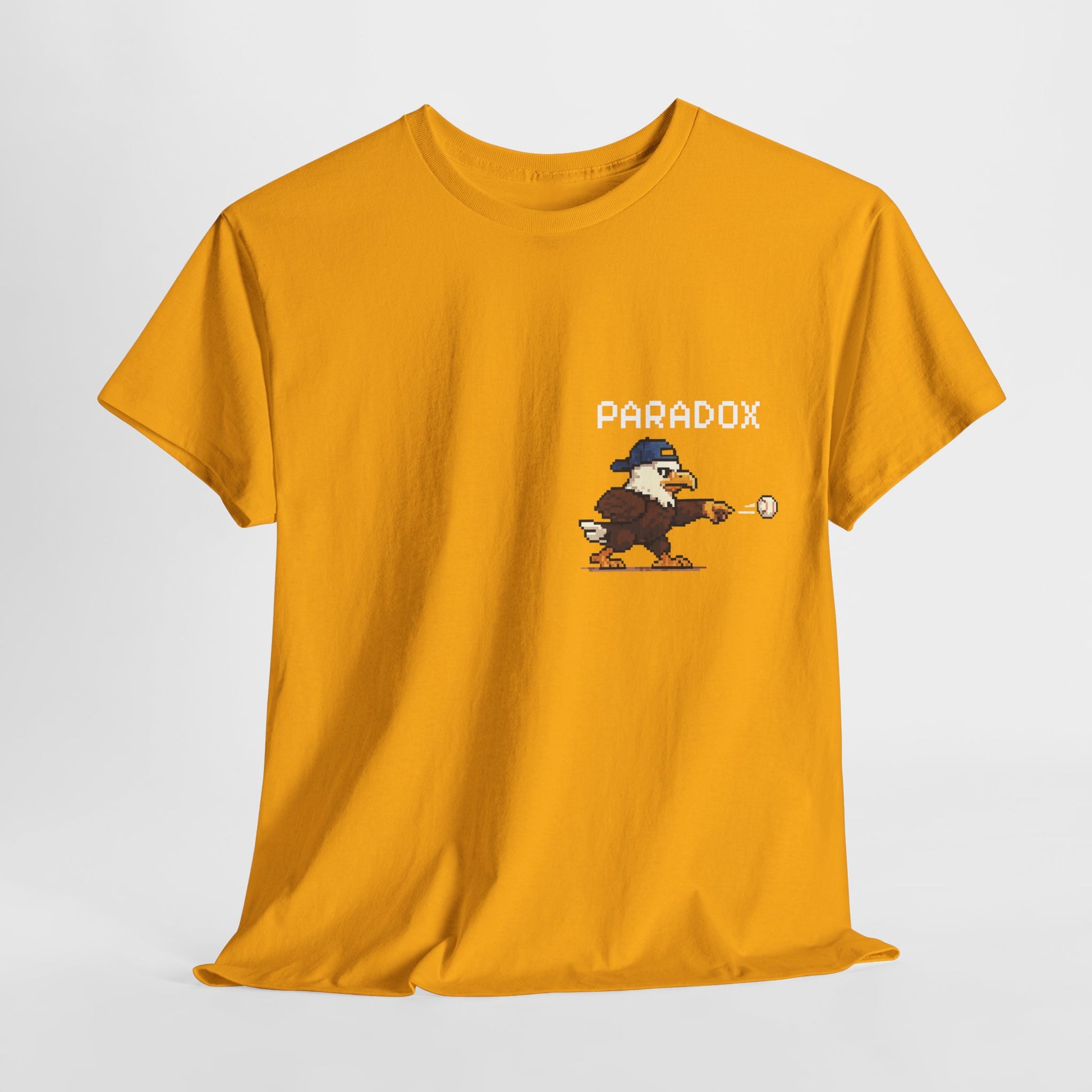 Yellow t-shirt with a graphic pixel art of an eagle playing baseball