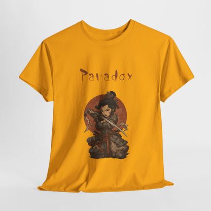 Yellow t-shirt with a graphic of a warrior featuring a lady samurai