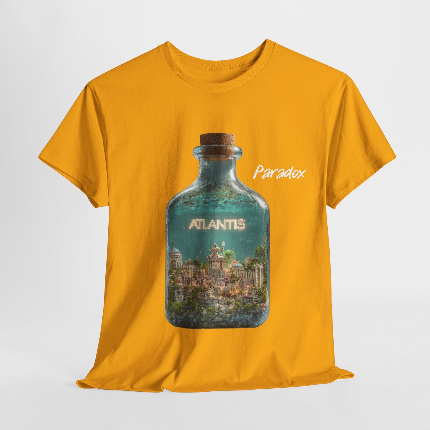 Yellow t-shirt with a graphic of the city Atlantis.