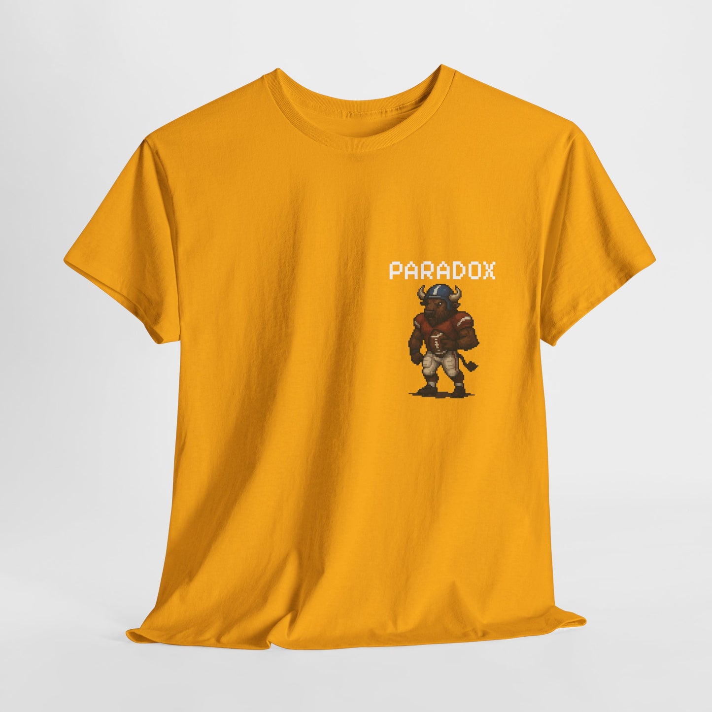 Yellow  t-shirt with a pixel graphic of a buffalo playing football NFL