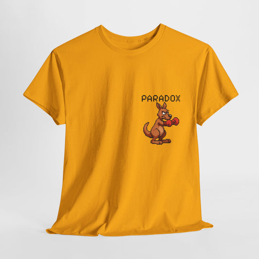 Yellow t-shirt with a pixel graphic of a kangaroo boxing