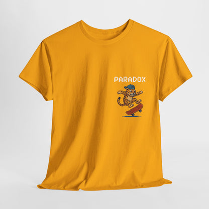 Yellow t-shirt with a pixel graphic of a leopard skateboarding