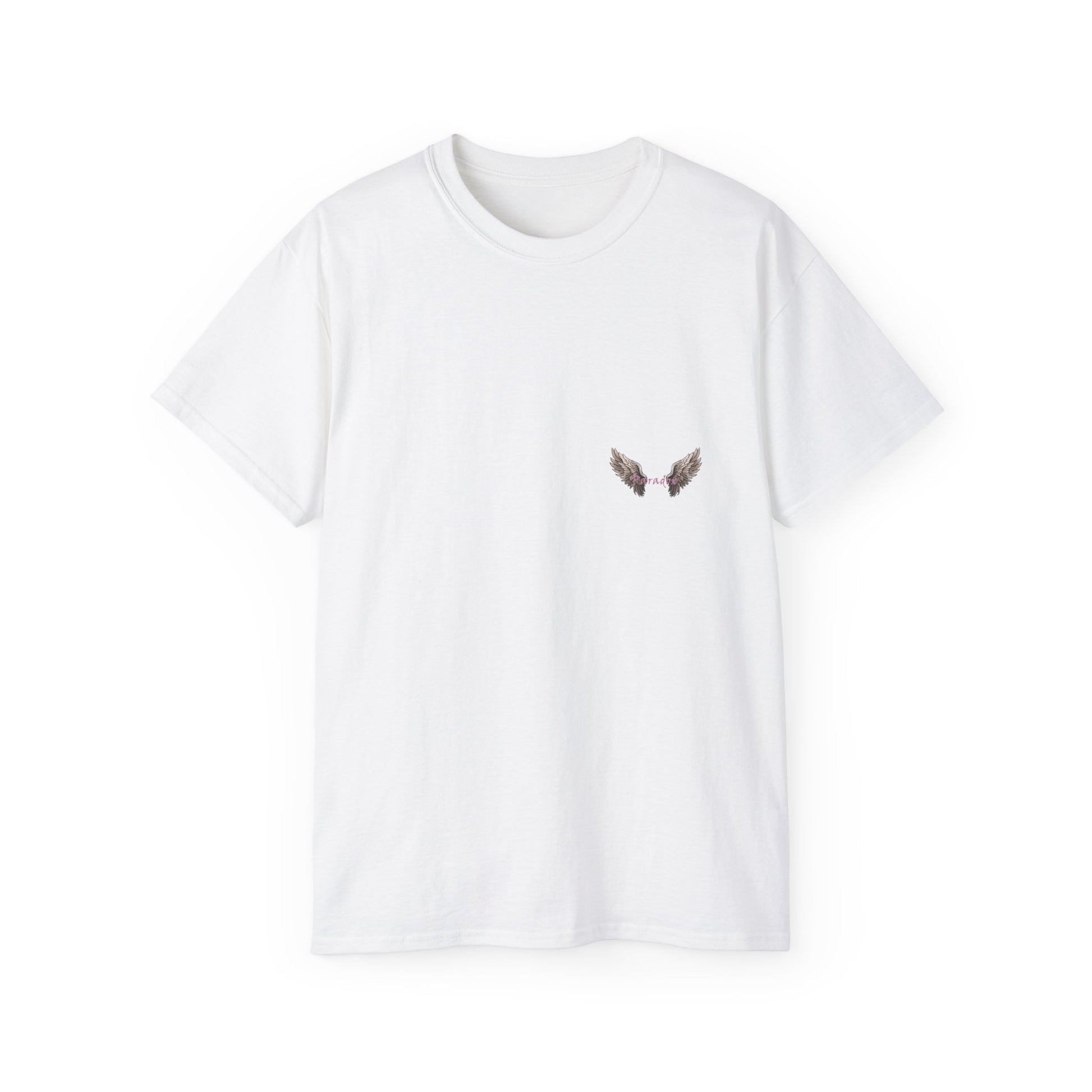 A white t-shirt featuring a graphic print of a bad angel with wings, resembling a mugshot.