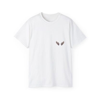 A white t-shirt featuring a graphic print of a bad angel with wings, resembling a mugshot.