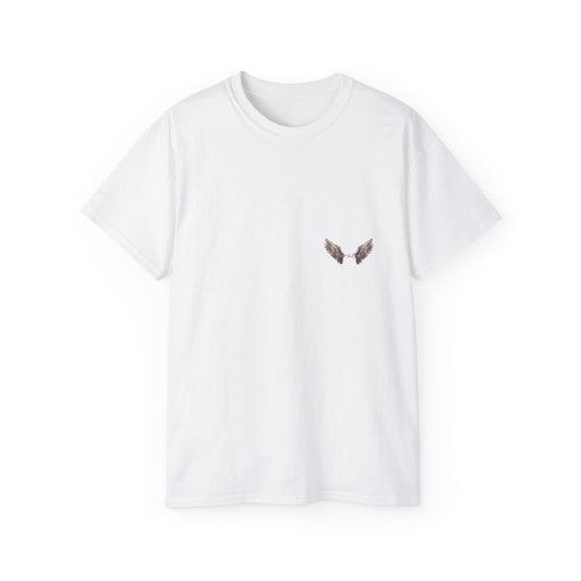 A white t-shirt featuring a graphic print of a bad angel with wings, resembling a mugshot.